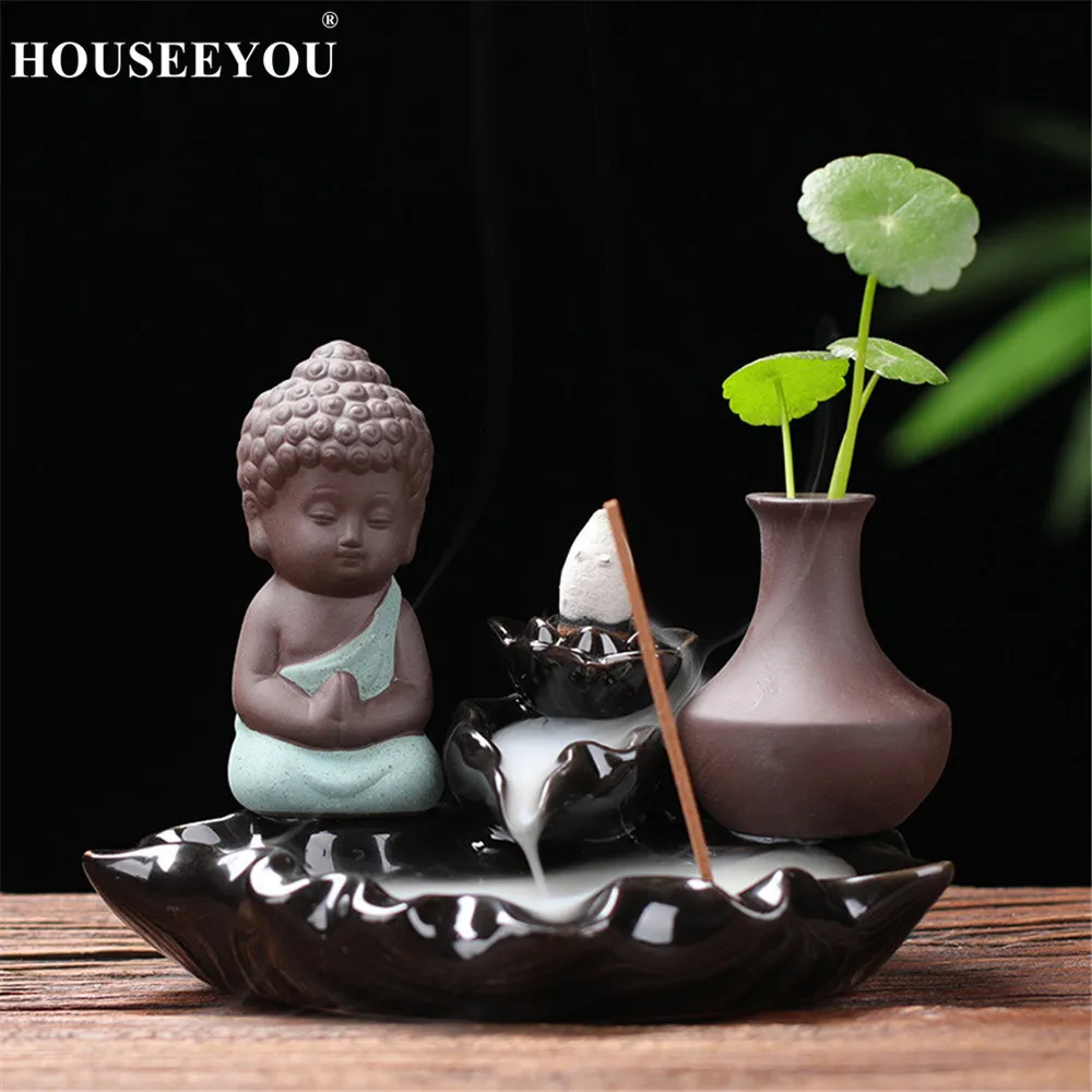Green HOUSEEYOU Будда обратного потока благовоний горелка керамика маленький монах держатель для ароматических палочек с вазой декор дома кадильница для ароматерапии - Цвет: Green