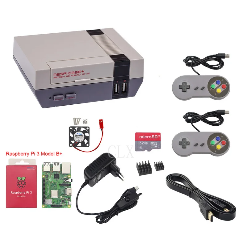 Raspberry Pi 3Bplus+ Raspberry Pi NESPi чехол+ Retroflag Box+ 32 ГБ+ вентилятор+ блок питания+ радиатор+ HDMI+ 2 шт игровая Ручка