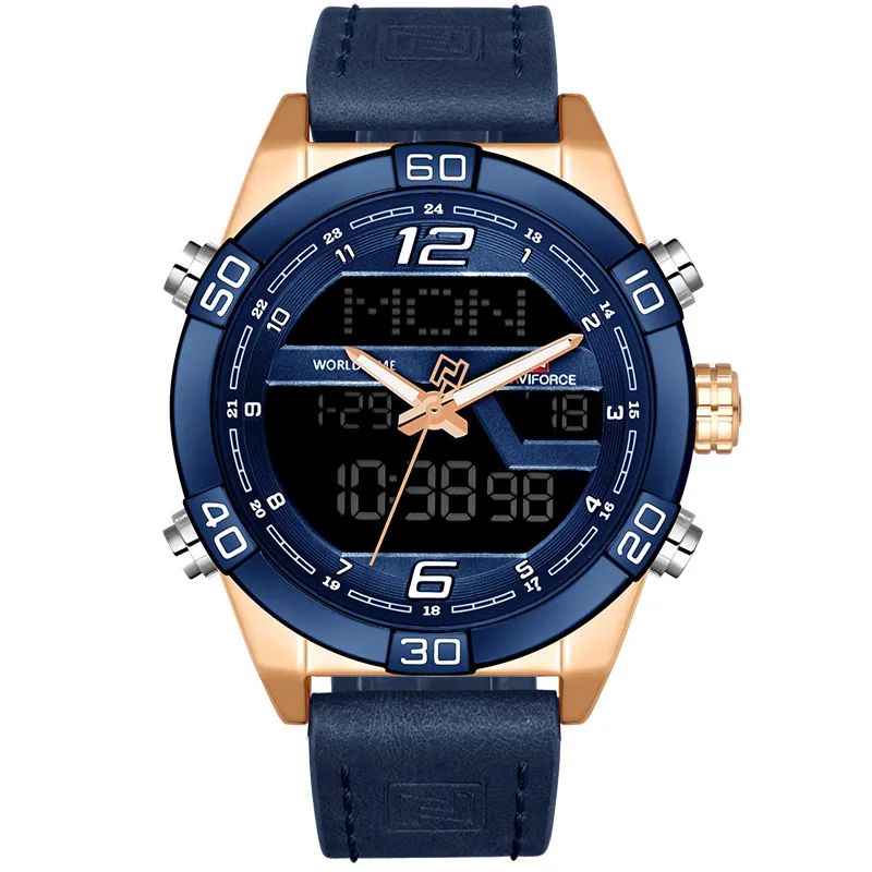 Gold Bule NAVIFORCE Роскошные Брендовые мужские модные спортивные часы, мужские водонепроницаемые кварцевые часы с датой, мужские кожаные армейские военные наручные часы - Цвет: Gold Bule