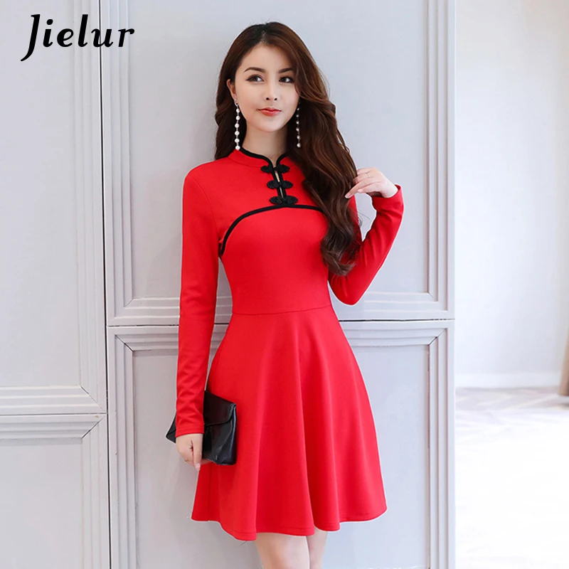 Jielur Chinese Style A Line Elegant Dress Women Cheongsam Design Mini Vestido Vintage S-XL Winter Autumn Fashion Red Robe Femme | Женская