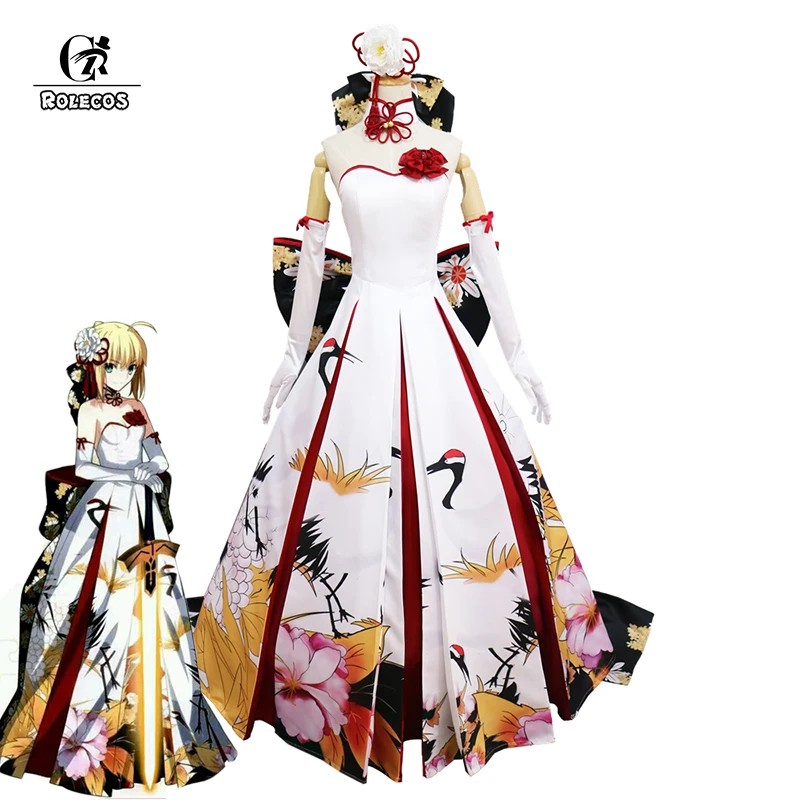 

ROLECOS Fate Stay Night Altria Pendragon Cosplay Costume Saber Arturia Pendragon Cosplay Costume Crane Wedding Dress