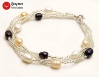qingmos natural pearl bracelet for women with 5 6mm multicolor rice pearl and crystal handwork weave 3 strands bracelet jewelry
