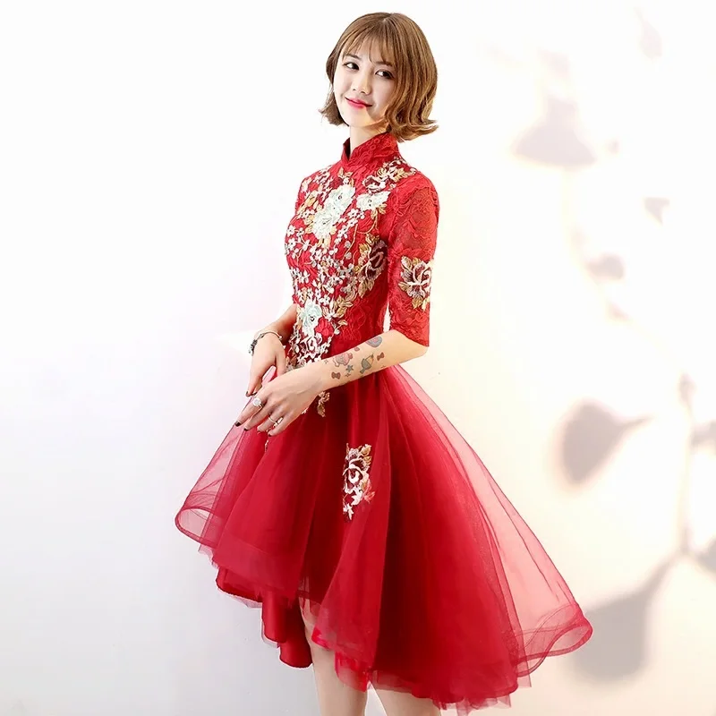 Красные пышные платья Cheongsam для выпускного вечера, миди элегантные китайские платья, высокие коктейльные платья, вечерние платья TS447