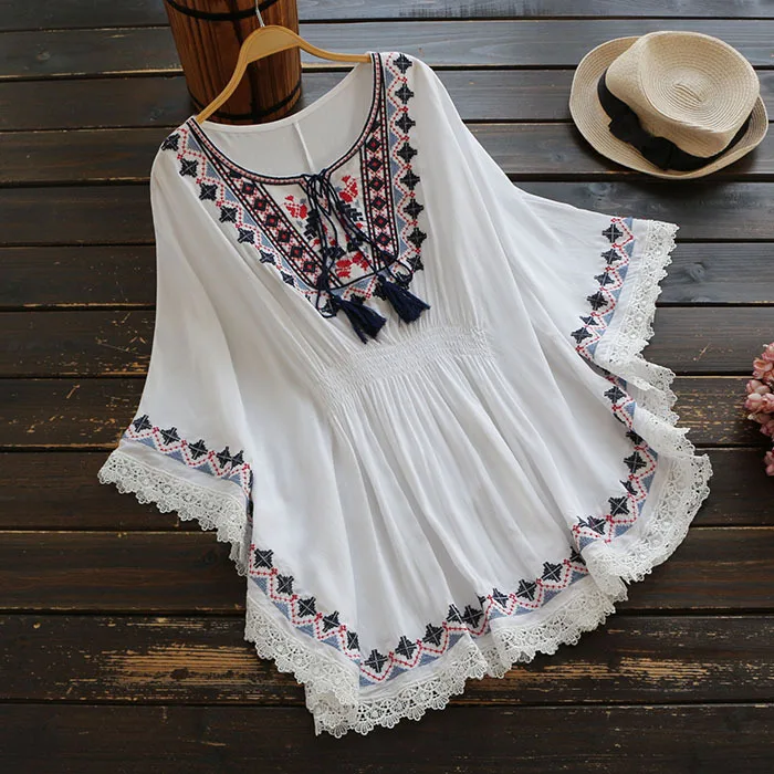 Women's summer retro vintage short dress boho holiday style embroidery cloak sleeve fashion loose cotton lace | Женская одежда