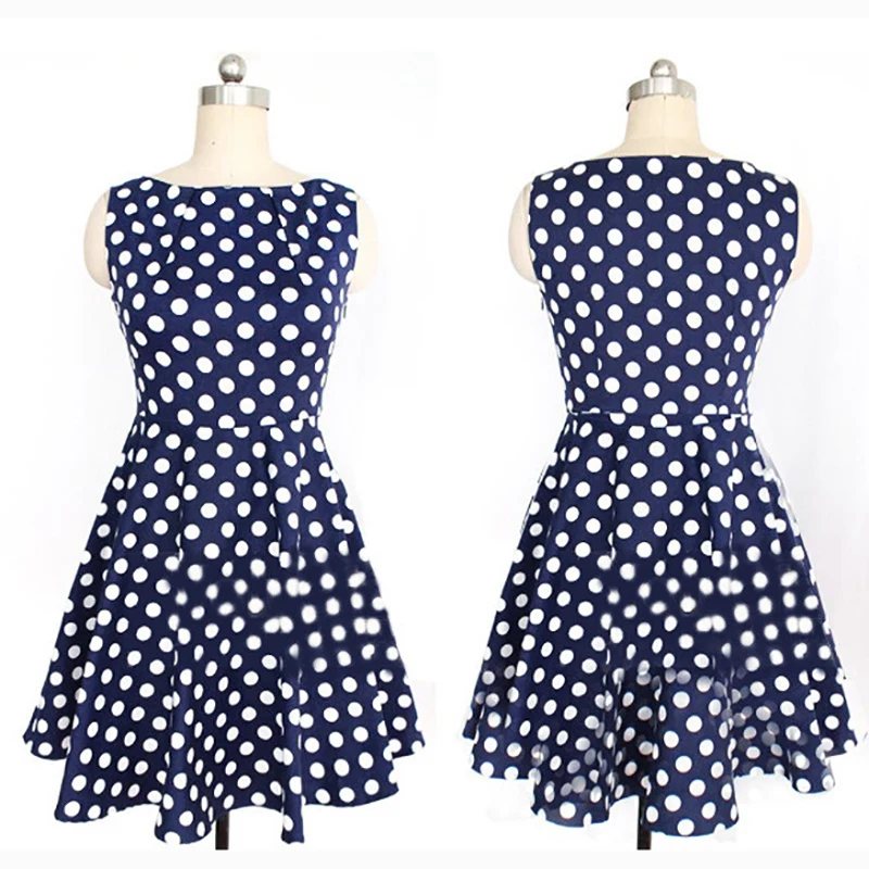 

Vintage Dress 2019 Summer New Sleeveless O-neck A-Line vestidos Women Elegant Thin Dot Printing Mini Casual Pleated Dress Female