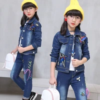 childrens wear cowboy suit 2018 spring and autumn new baby girl cartoon bird print denim coatjeans body suit girl clothing set