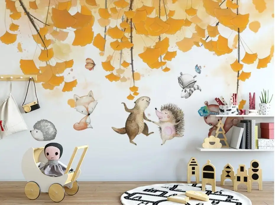 3D Ginkgo Leaves Carton Animal Kids Bedroom Wallpaper Mural Art Wall Decal HD Photo Paper Rolls Murals Contact | Обустройство дома