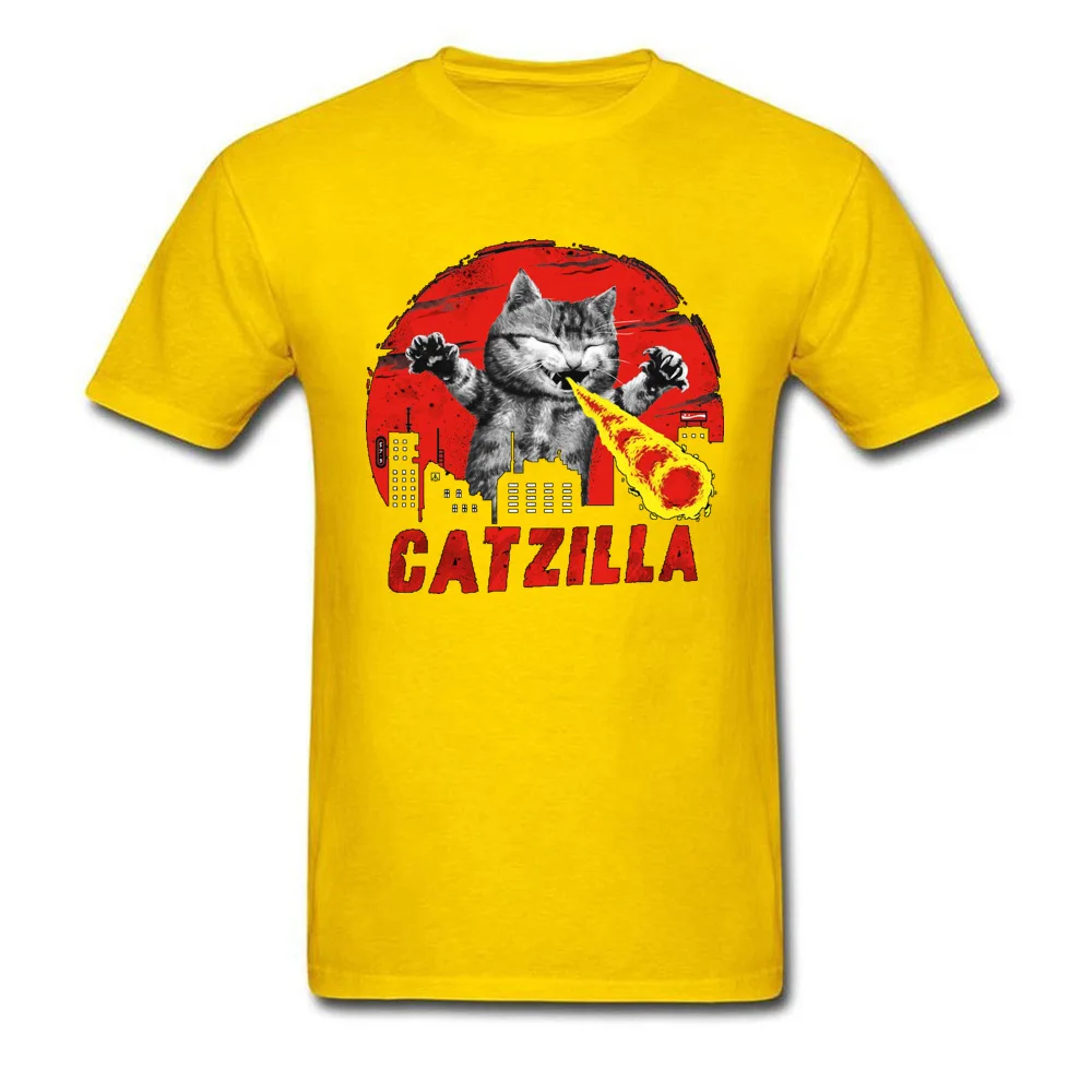 Catzilla Cat Feline пламенный Милая футболка с изображением монстра для мужчин Забавный котенок Neko комикс Новое поступление модные повседневные топы с 3D принтом Футболка - Цвет: Yellow