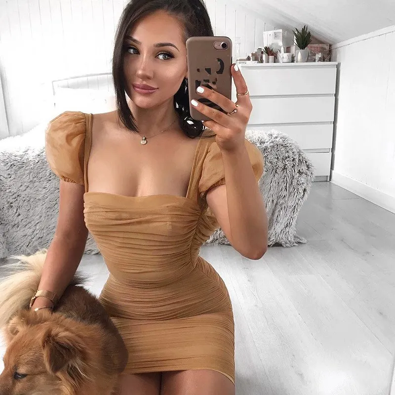 Женское Сетчатое облегающее платье с рукавами фонариками мини квадратным