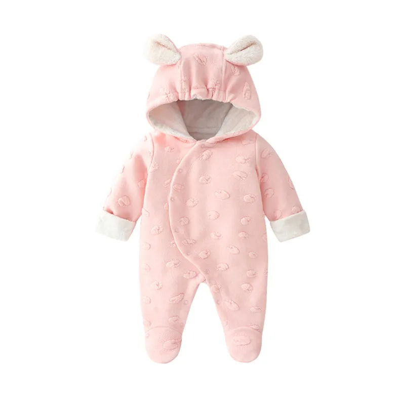 Pink rabbit Зимние комбинезоны для новорожденных девочек; плотный теплый хлопковый комбинезон; одежда с капюшоном; Рождественский комбинезон принцессы с цветочным рисунком для девочек - Цвет: Pink rabbit