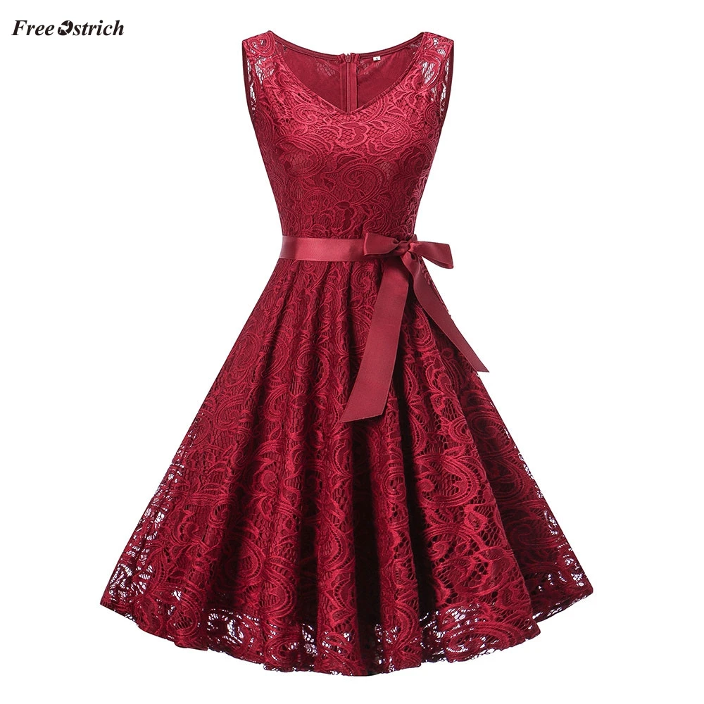 Free Ostrich Spring Women Dress 2019 Elegant Chiffon Burgundy Lace Party Female Slim Wedding Bridesmaids mini | Женская одежда