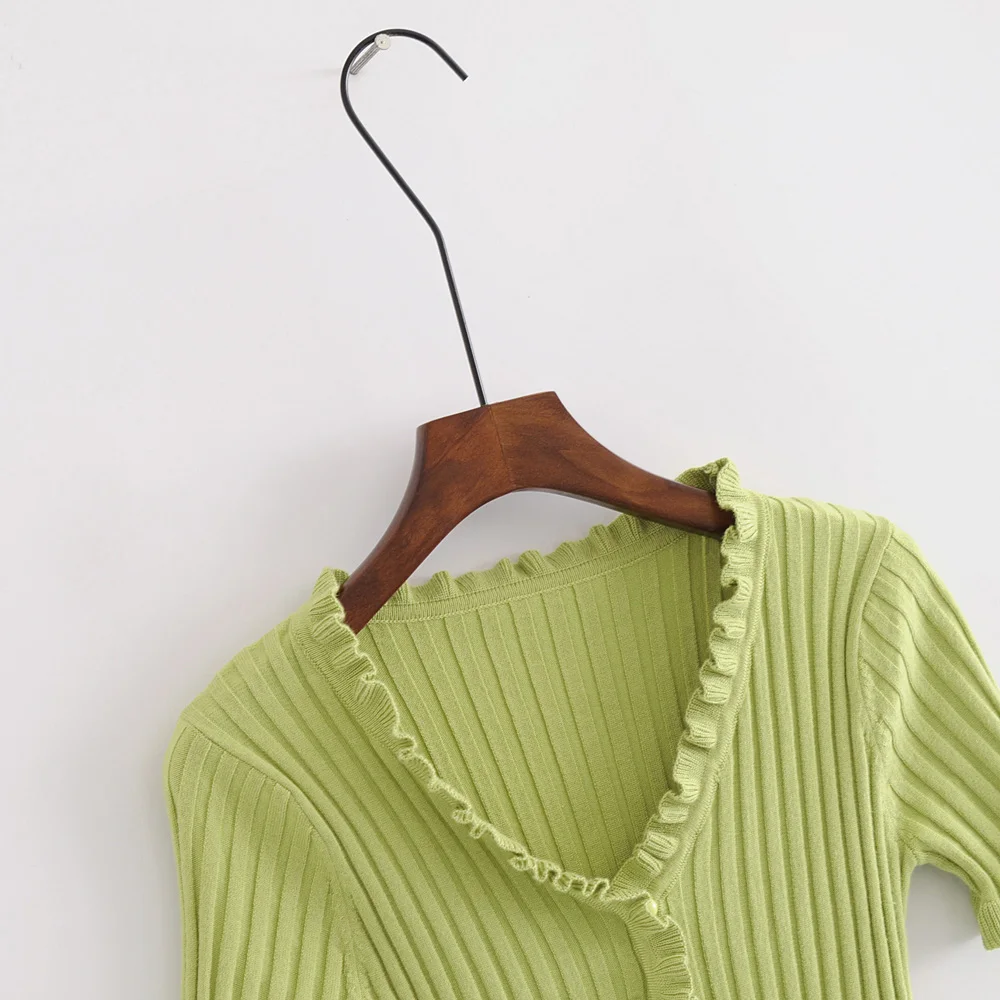 

Manubeau Women Green Sweater Sexy Streetwear Shirt Ruffle Trim Crop Knit Cardigan with Short Sleeve Deep V-Neck Crop Knit Tops