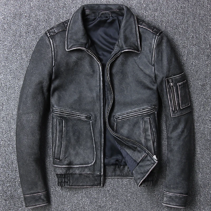 Мужская короткая байкерская куртка из натуральной воловьей кожи в винтажном