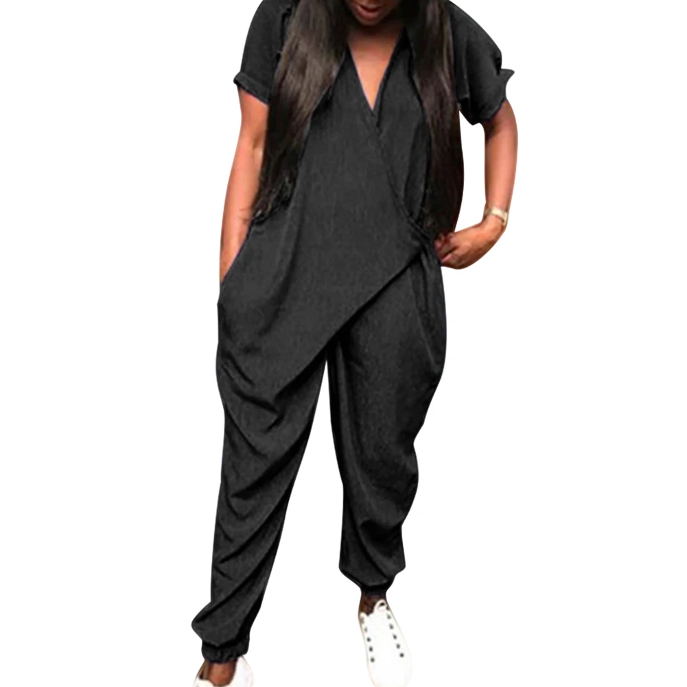 Черный Women V Neck Loose Short Sleeve Solid Color Jumpsuit for Summer Beach Party GDD99 - Цвет: Черный