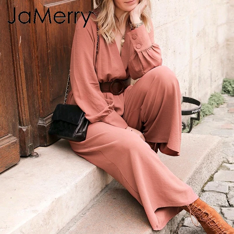 JaMerry винтажный элегантный женский комбинезон с длинными рукавами поясом