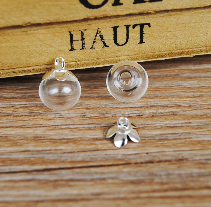 

2016 New 50sets 10mm glass bubble with 3mm hole and flower cap jewelry findings set Glass vial pendant glass bottle pendant