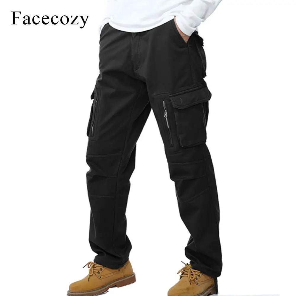 Black Pants Facecozy мужские зимние теплые хлопковые спортивные штаны из плотного флиса, мужские брюки для походов и кемпинга, прочные брюки-карго с несколькими карманами - Цвет: Black Pants