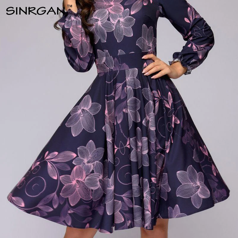 SINRGAN Цветочный Принт Высокой Талией Линии Платье Дамы С Длинным Рукавом Осень