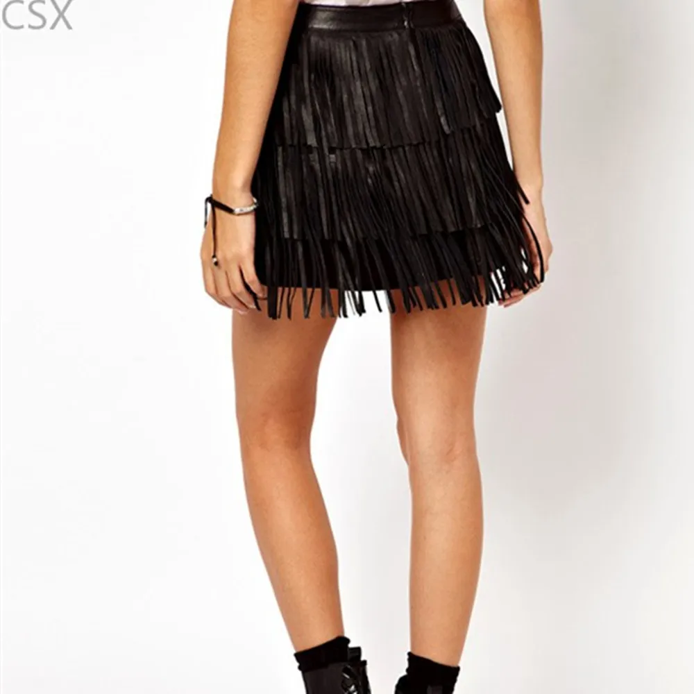 Женские короткие юбки из искусственной кожи с высокой талией и кисточками разных