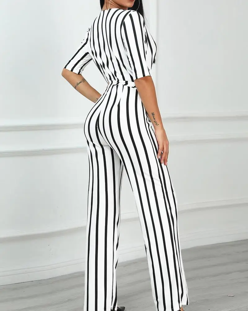 Женский сексуальный комбинезон с глубоким v образным вырезом в полоску поясом