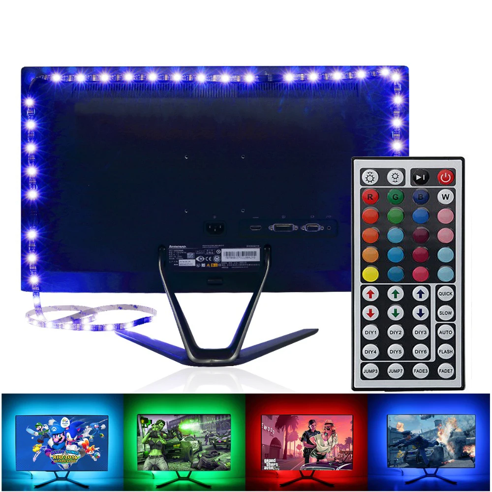 Светодиодный ТВ RGB полосы светильник SMD 5050 DC 5V USB Питание светодиодный лента ПК Подсветка ТВ фон Настенный декор светильник с 44-клавишным пультом управления