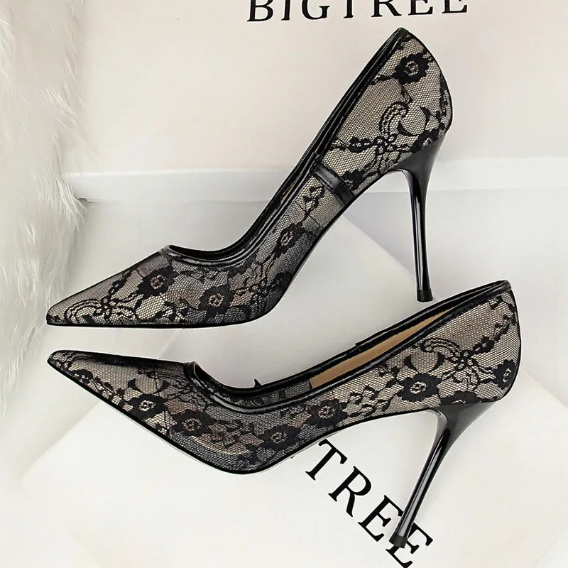 Fashion women's shoes sexy slim high heel stiletto shallow mouth pointed mesh openwork lace banquet wedding heels | Обувь