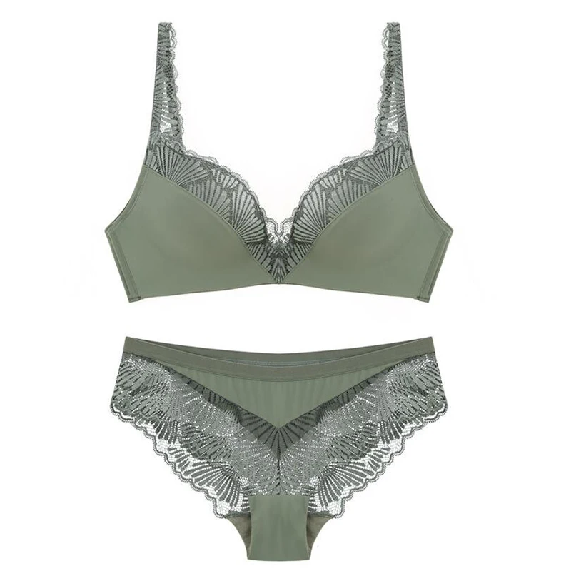 Army Green Сексуальный кружевной лоскутный беспроводной бесшовный бюстгальтер и трусики, комплект нижнего белья, женское нижнее белье с мягкими чашечками белого и черного цвета - Цвет: Army Green