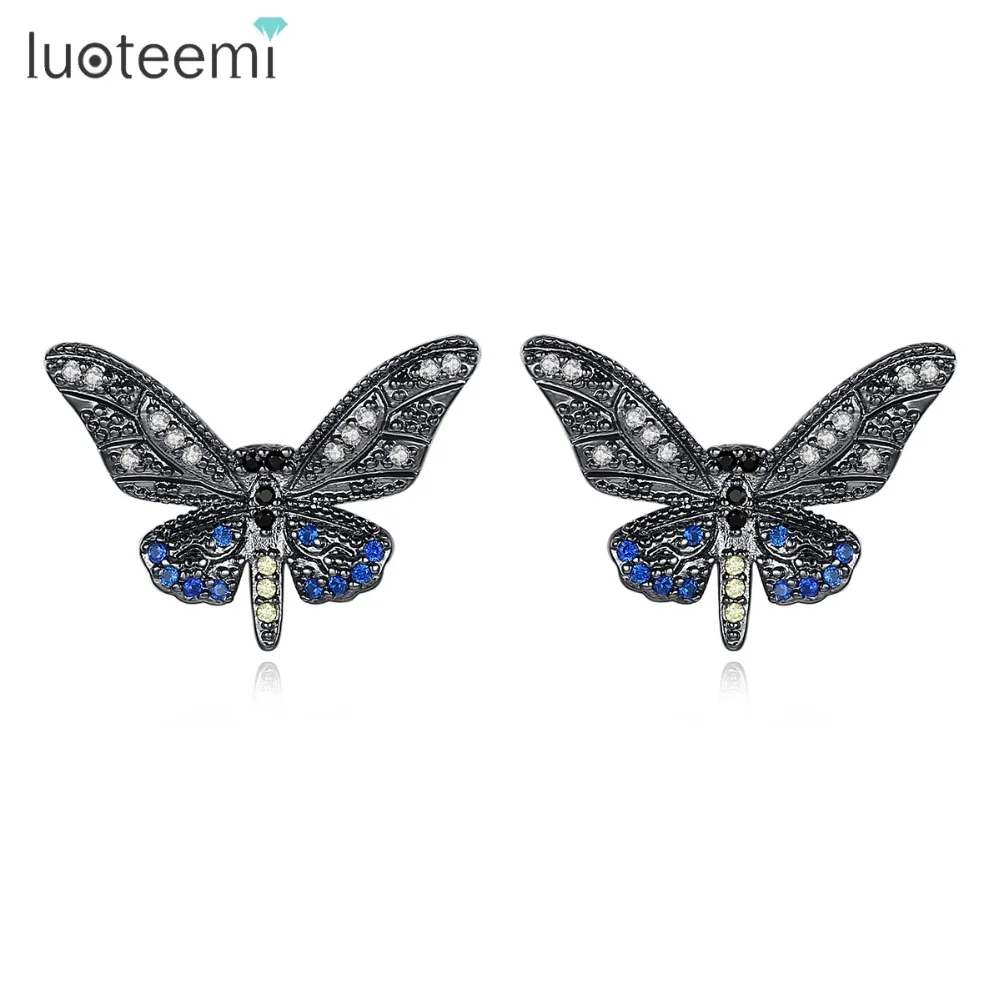 

LUOTEEMI Brand New Stud Earrings for Women Butterfly Brinco Luxury Shiny CZ Gun Black Color Wedding Party Jewelry Christmas Gift