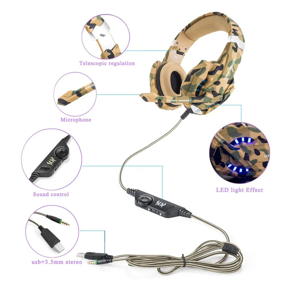 Игровые наушники KOTION G9600 с камуфляжной расцветкой и стереозвуком, игровая гарнитура Шум шумоподавления наушники с микрофоном светодиодный свет для PS4/PC/Xbox One/iPad