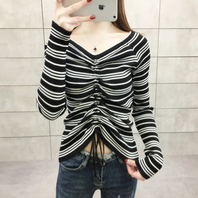 Sweater Women Autumn New Fashion Lady Loose Striped Knitted V-neck Pullover Bandage Elastic | Женская одежда