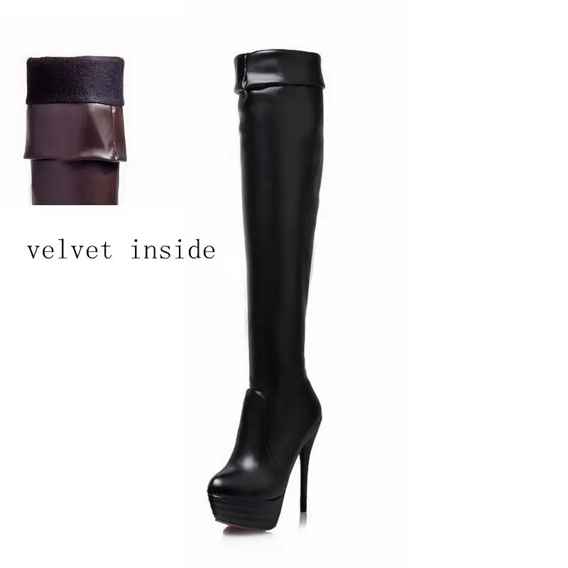Black velvet ORCHA LISA/большие размеры 32-46, 13 см, ботфорты выше колена женские зимние пикантные ботинки на платформе и тонком высоком каблуке - Цвет: Black velvet