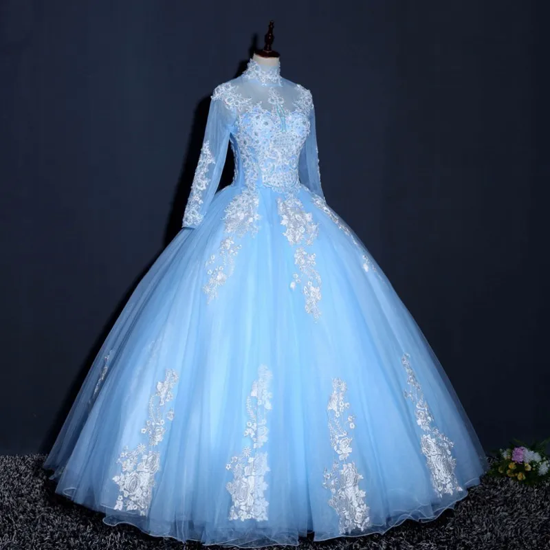 Vestido de Novia, мусульманское свадебное платье с длинным рукавом, бальное платье, свадебное платье с высоким воротом, голубые кружевные свадебные платья с аппликацией - Цвет: Синий