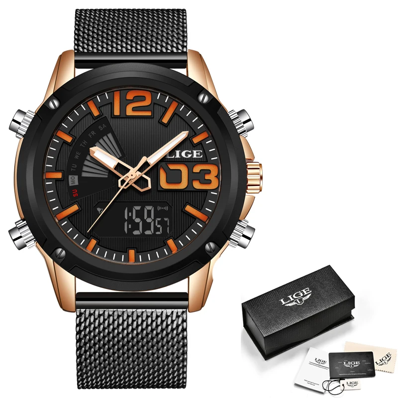 LIGE New Top Luxury Brand Gift Stainless Steel Sports Men Watch Army Military Dual Display Waterproof Watches relogio masculino | Наручные