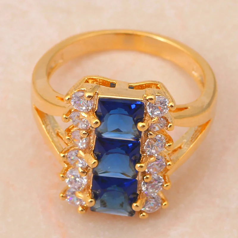 Бренд золотой тон голубой циркон Ювелирные комплекты с кристаллами Серьги Цепочки и ожерелья кулон кольцо комплект ювелирных изделий SZ#6.5#8#9 Модные украшения JS227