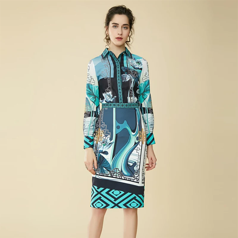 Женские Элегантные комплекты с принтом рубашка длинным рукавом + Облегающая Юбка