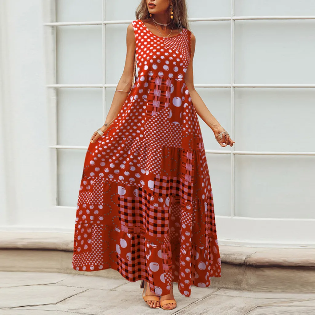Женское платье макси без рукавов с круглым вырезом|Женские платья| |