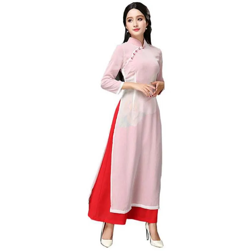 2 шт. вьетнамские комплекты Aodai пикантный женский Чонсам плюс 3XL винтажное длинное