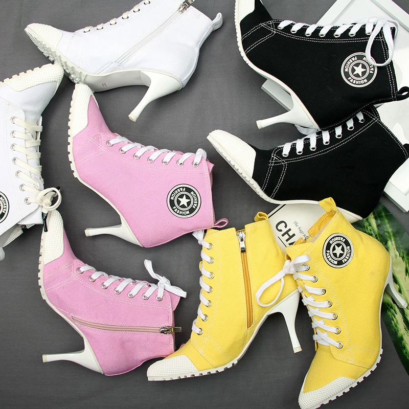 

2019 New Women's Shoes Canvas Ladies Shoes Boots Denim High Heels 8.5CM Female Canvas Pumps Lady's Ankle Boots Lace-Up Thin Heel