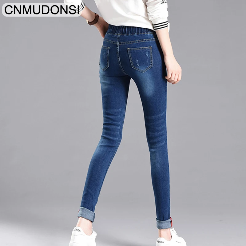 Женские джинсовые брюки с эластичной резинкой на талии синие черные размера плюс