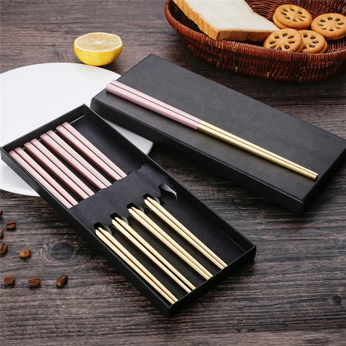 Pink Head Gold 5 пар высококачественные 304 из нержавеющей стали, квадратные Нескользящие палочки для еды с коробкой, корейские палочки для еды, подарочная посуда - Цвет: Pink Head Gold