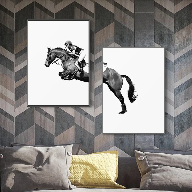 Плакаты и принты на холсте с изображением черных белых лошадей Минималистичная