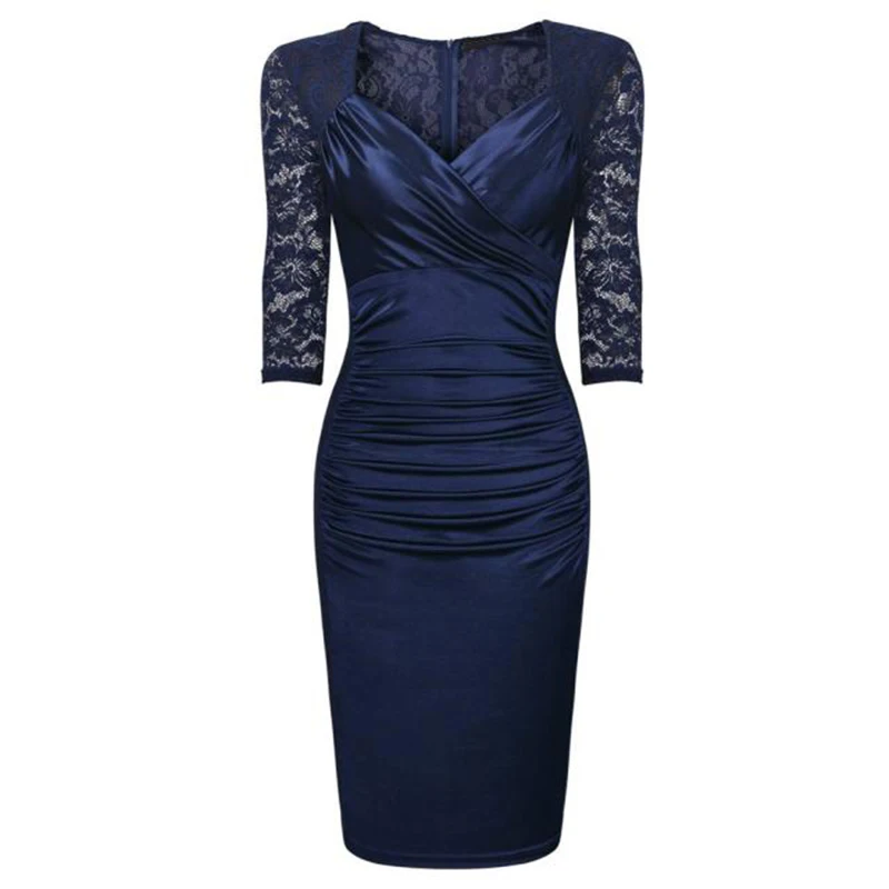 EISWELT Summer Dress Women New Robe Femme Sexy Sheer Lace Pencil Patchwork Knee Length Bodycon Evening Party Black | Женская одежда