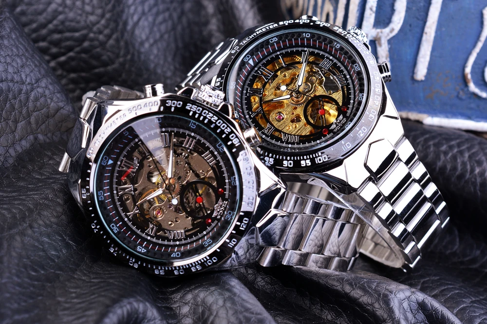 Top Brand Luxury Automatic Wristwatch Winner Classic Series Golden Movement Inside Silver Stainless Steel Mens Skeleton Watch
