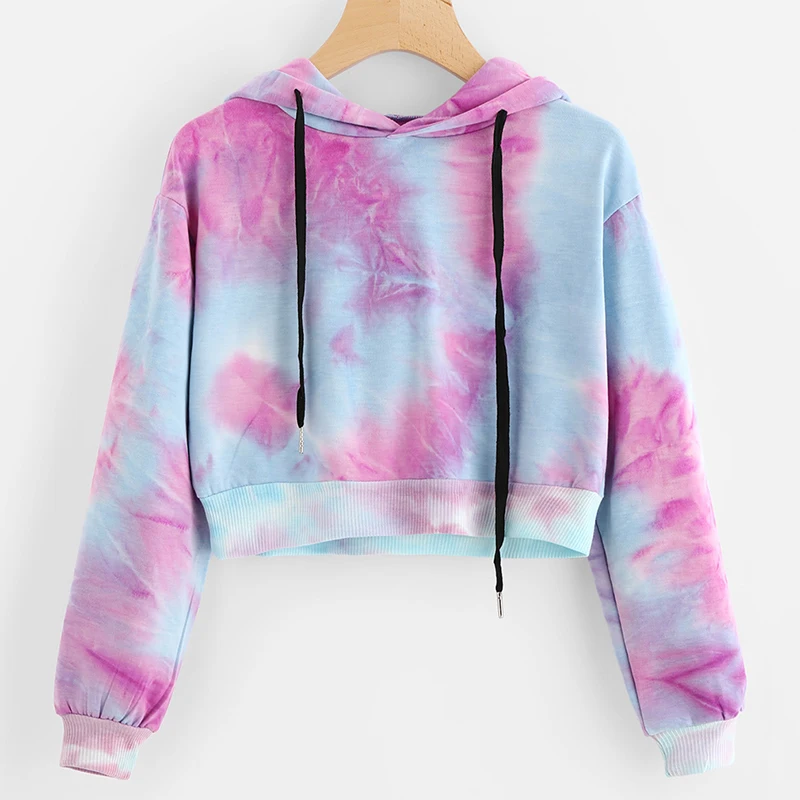 

Water Color Crop Hoodies Multicolor Casual Women Drawstring Hooded Sweatshirt 2020 Autumn Tie Dye Long Sleeve Hoodies