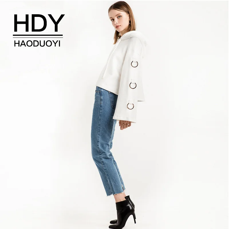 HDY Haoduoyi женские толстовки с длинным Расклешенным рукавом металлическим кольцом