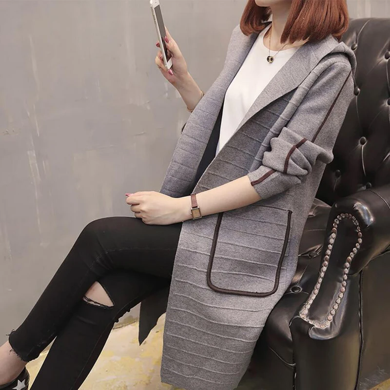 2018 Autumn Winter Women Long Sleeve Knitted Cardigan Sweater Thick Warm Hooded loose Pull Femme Feminine Coat |