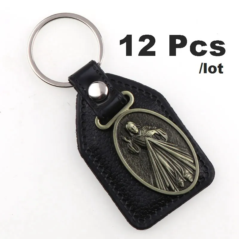 12pcs As Photo 12 шт., брелок для ключей из искусственной кожи, католический Шарм, подвески для мужчин, черная бирка, антикварная бронзовая позолота, крючок, ключ, религиозные брелки - Цвет: 12pcs As Photo