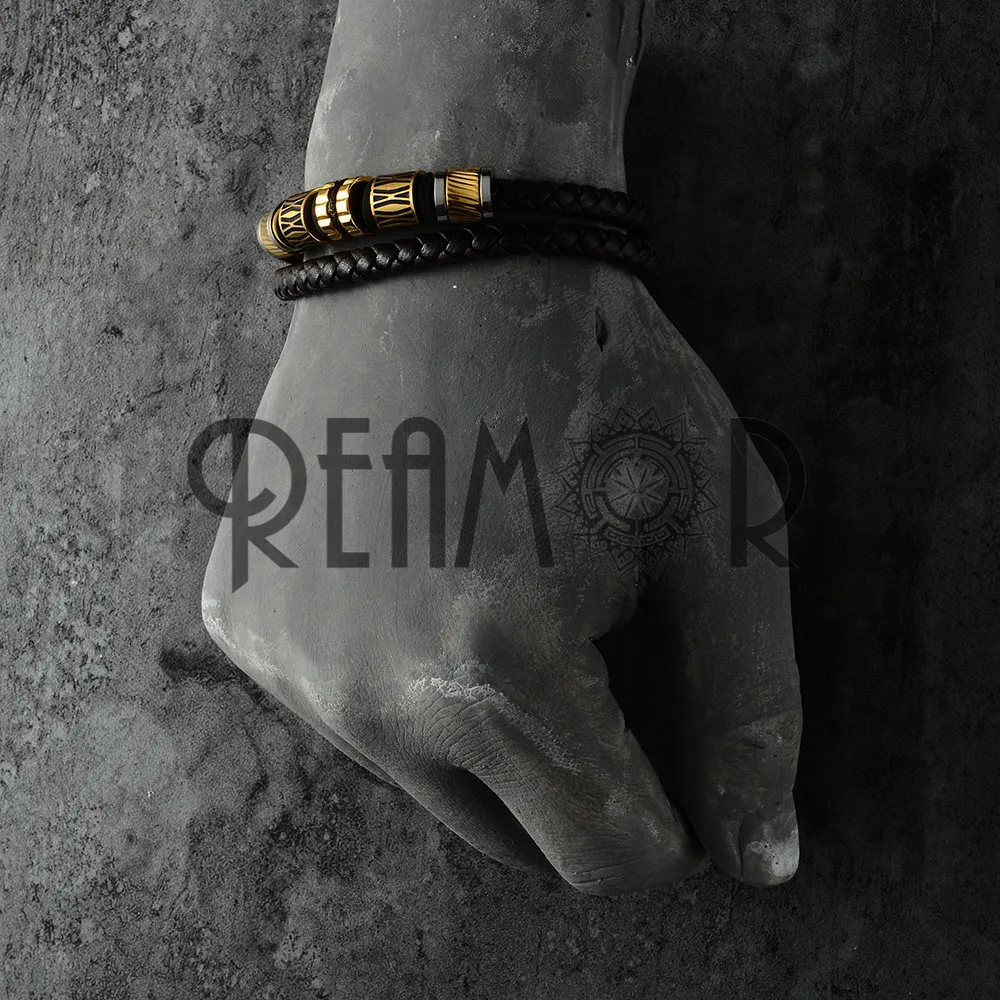 Мужские двухслойные браслеты REAMOR коричневые плетеные из натуральной кожи