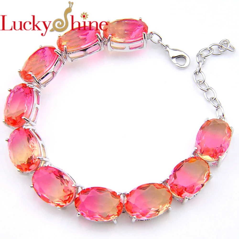 

Luckyshine Oval Shaped Sweet Pink BI-COLORED Tourmaline Crystal Zircon Gem Silver Chain Bracelets Women Wedding Bracelets