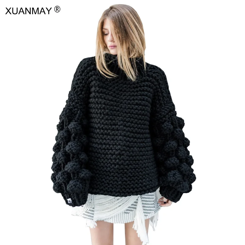 Spring High Street women White sweater coat Pure hand Thickened Turtleneck Coarse lines ultra-thick Black | Женская одежда
